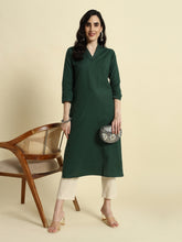 Thread Plus Cotton Flax Straight Kurti In Dark Mehandi Color For Women